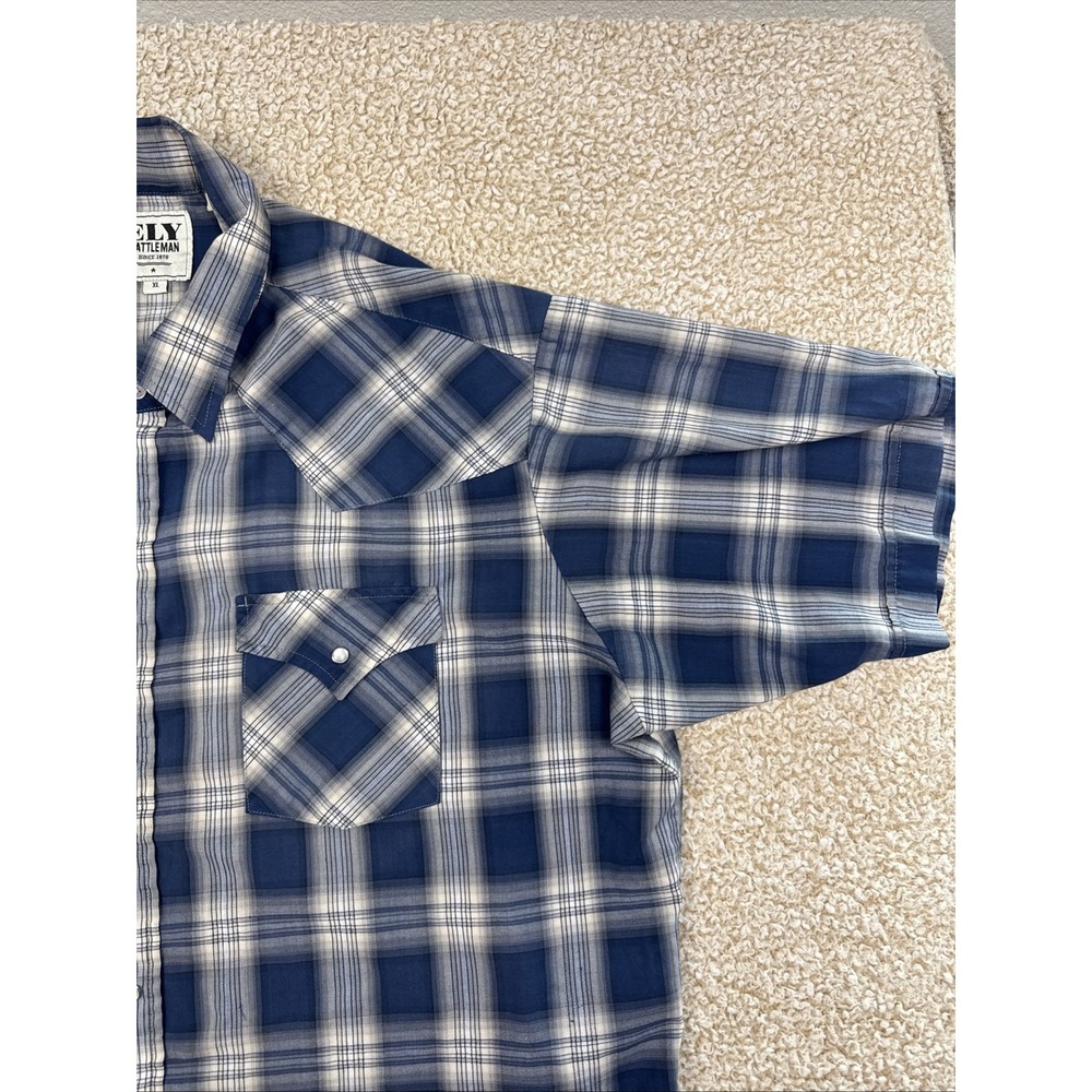 Ely Cattleman Shirt Mens XL Blue Gray Plaid Western Pearl Snap Flannel READ - Picture 5 of 12